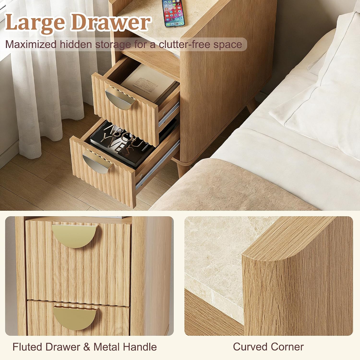 26.4" Tall Narrow Nightstand, 9.8" Wide Fluted End Table with 2 Drawer & Open Shelf, Wood Night Stand w/Rounded Corner, Slim Side Table for Bedroom/Entryway/Living Room, Natural