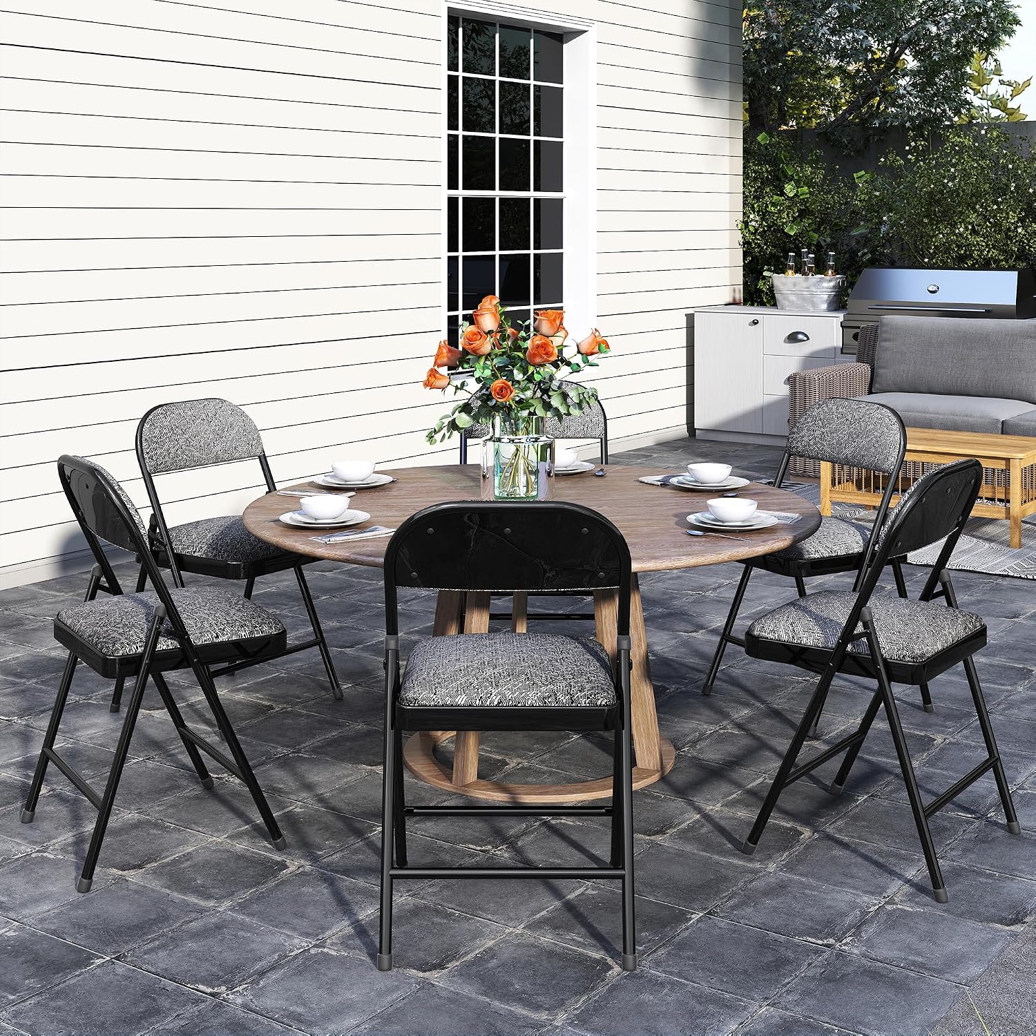 4 Pack Padded Cushion and Back Folding Chairs, Fabric Dining Chair Set with Steel Frame Metal for Home and Office, for Indoor and Outdoor Events, (Fabric Gray)