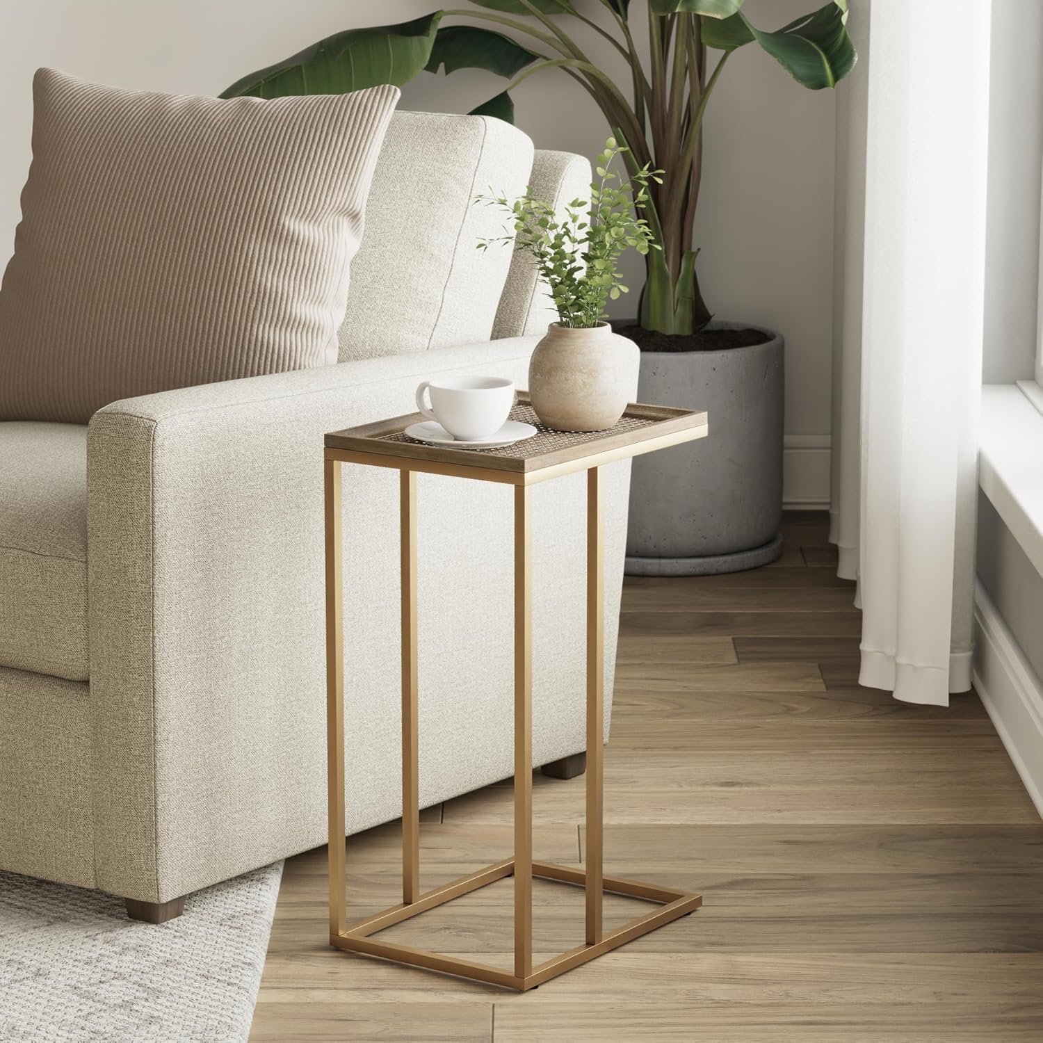 Farmhouse C Shaped End Table with Distressed Wood & Metal Woven Tray Top, Modern Slim Snack Side Table with Metal Base, Gold