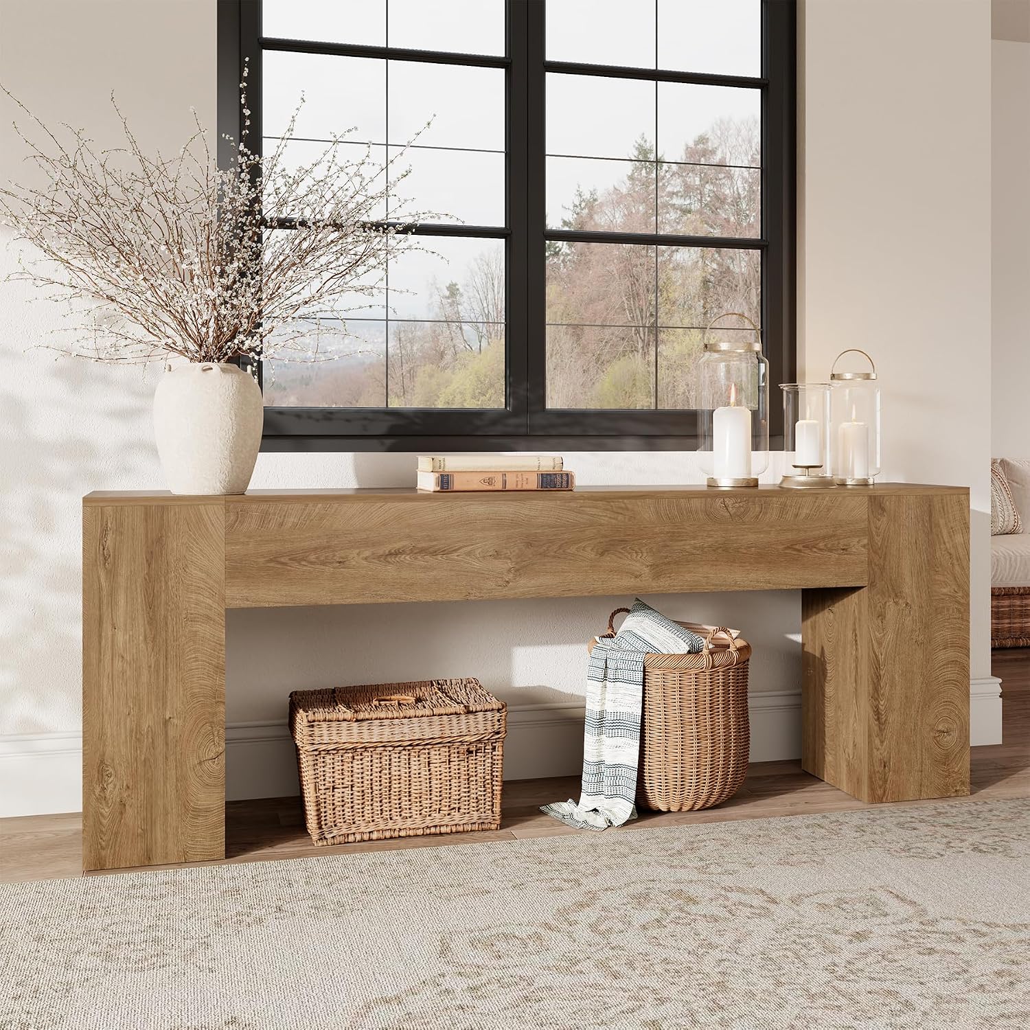 Extra Long Console Tables for Entryway 86-Inch, Farmhouse Sofa Table Behind Couch, Wooden Hallway Table for Living Room, Entrance, Natural Oak