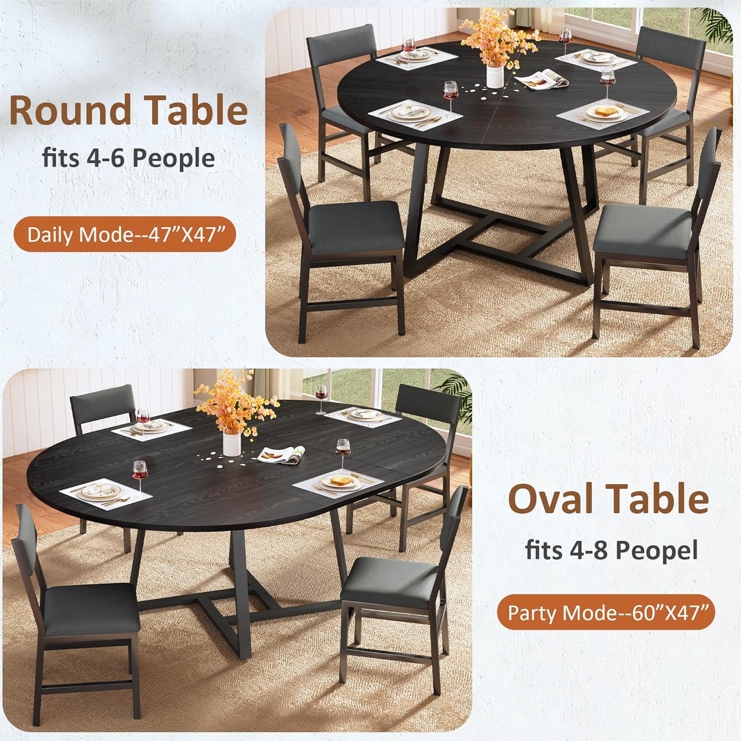 HUAHUU 60" Dining Table Set for 4-8, 5-Piece Extendable Round to Oval Kitchen Table Cushion Chairs Set of 4, Metal Frame & MDF Board, Space-Saving for Small Apartment, Black Wood Grain