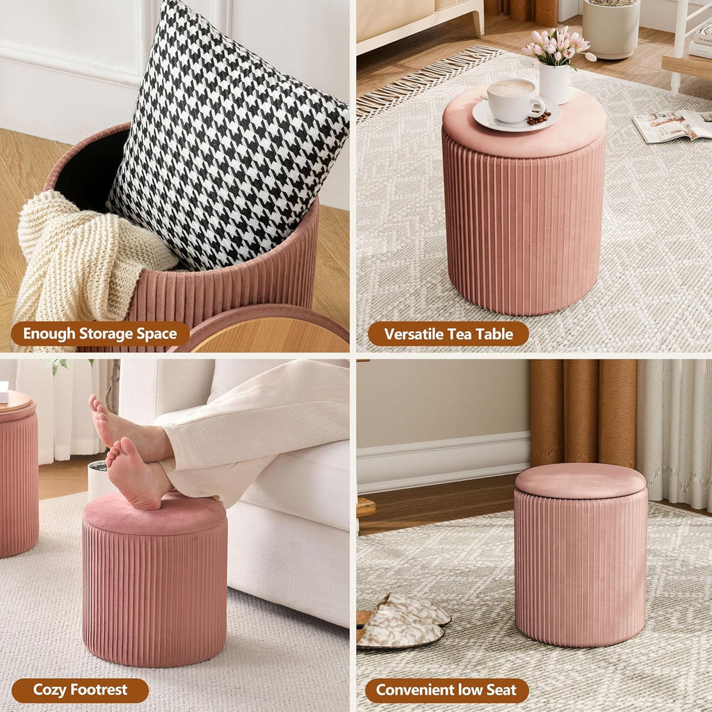 Ottoman with Storage Set of 2, Velvet Round Storage Ottoman, Upholstered Sponge Vanity Stool Support 300lbs, Multifunctional Coffee Table Foot Rest Ottoman for Living Room Bedroom, Pink