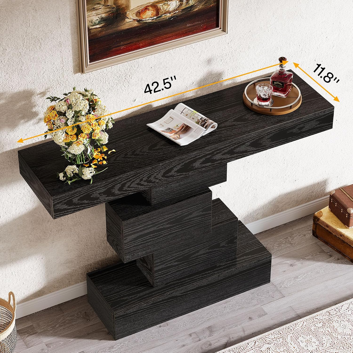 Tribesigns 42.5" Farmhouse Console Table, Narrow Wood Sofa Table Behind Couch with Geometric Base, Industrial Entryway Accent Table for Living Room, Hallway, Entrance (Black)