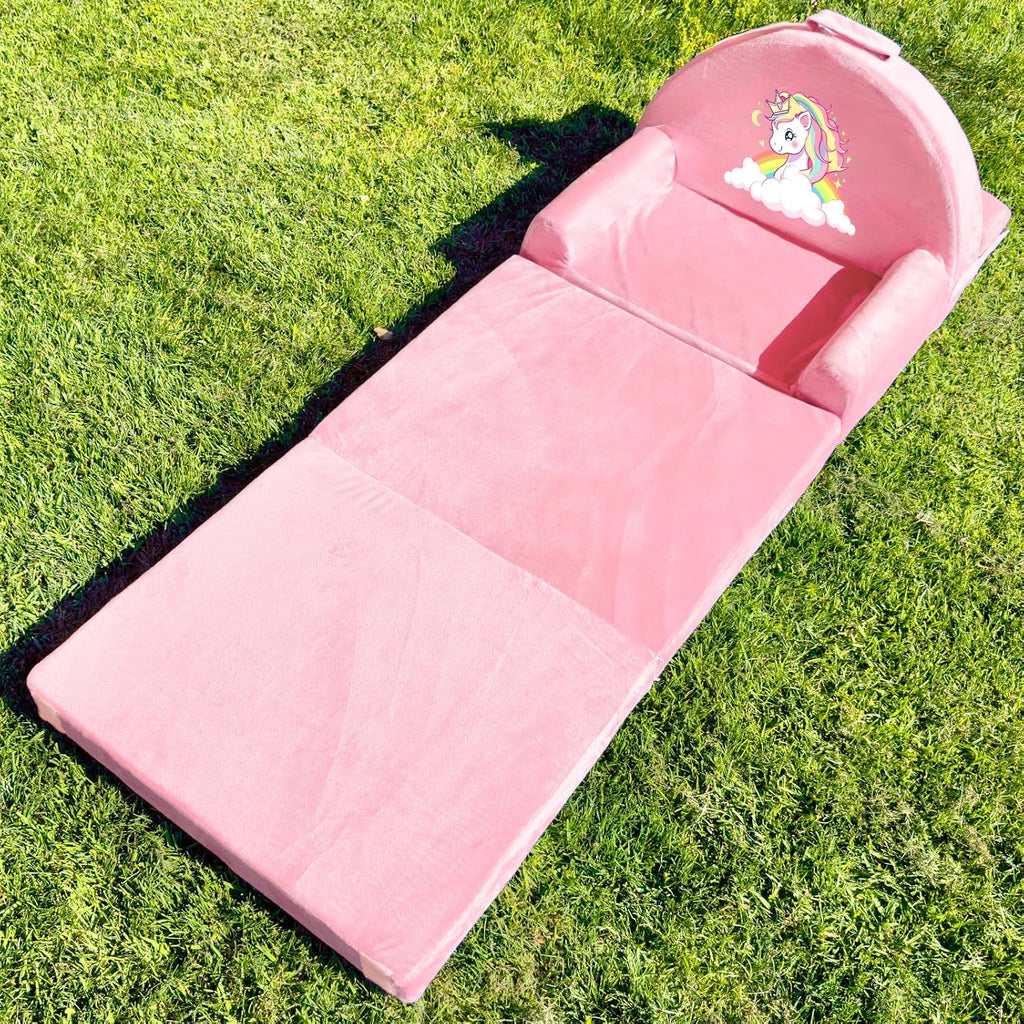 Unicorn Kids Sofa Bed with Removable Washable Cover & Hook and Loop Backrest – Foldable Toddler Chair, Cozy Crystal Velvet Furniture for Playtime, Naps & Travel (Pink, Unicorn Design)