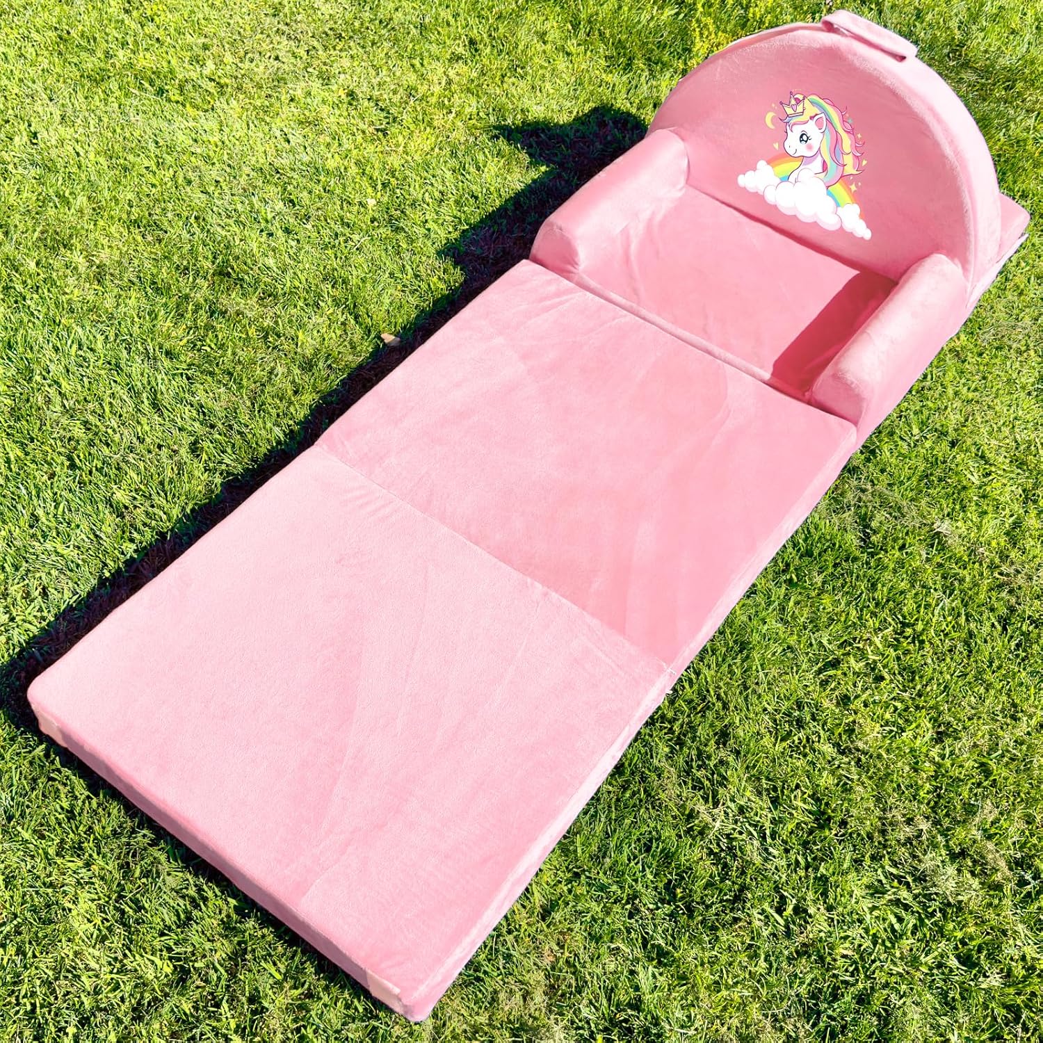 Unicorn Kids Sofa Bed with Removable Washable Cover & Hook and Loop Backrest – Foldable Toddler Chair, Cozy Crystal Velvet Furniture for Playtime, Naps & Travel (Pink, Unicorn Design)