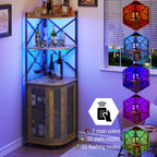 JKsmart Corner Bar Cabinet with LED Lights, 5-Tier Industrial Wine Bar Cabinet with Glass Holder, Farmhouse Liquor Cabinets with Shelf and Door, Home Bar for Coffee Bars, Rustic Brown