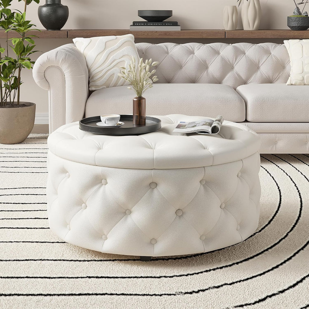 FiveWillowise 30 Inch Round Storage Ottoman, Large Circle Coffee Table with Storage Tray, Modern Button Footstool with Removable Lid,Cozy Foot Stools for Living Room, Bedroom, Makeup Room,Cream White