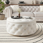 FiveWillowise 30 Inch Round Storage Ottoman, Large Circle Coffee Table with Storage Tray, Modern Button Footstool with Removable Lid,Cozy Foot Stools for Living Room, Bedroom, Makeup Room,Cream White