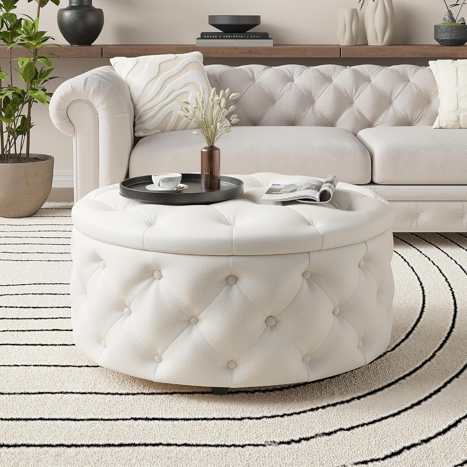 FiveWillowise 30 Inch Round Storage Ottoman, Large Circle Coffee Table with Storage Tray, Modern Button Footstool with Removable Lid,Cozy Foot Stools for Living Room, Bedroom, Makeup Room,Cream White