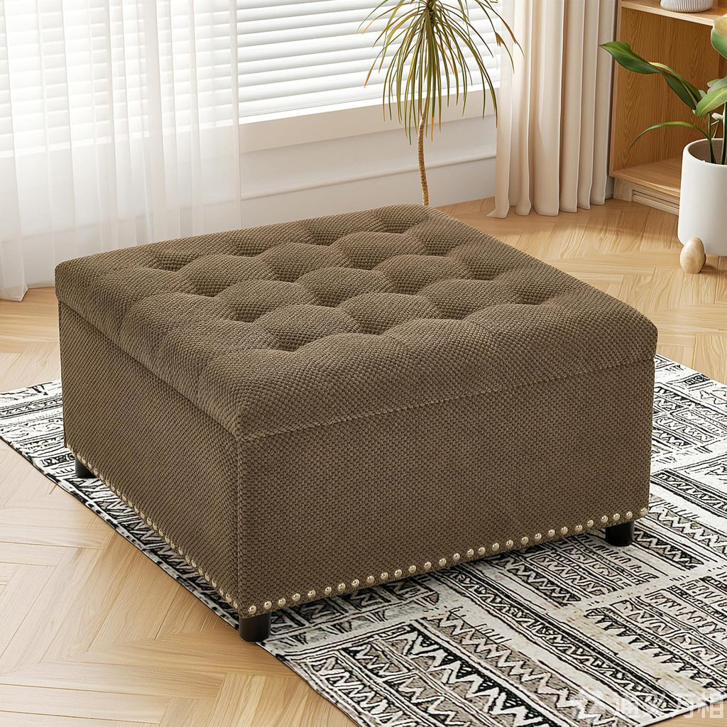 Square Ottoman with Storage, 30" Large Storage Ottoman Foot Rest Stool with Tufted Top and Nailhead Trim for Living Room, Bedroom, Entryway, Coffee Brown