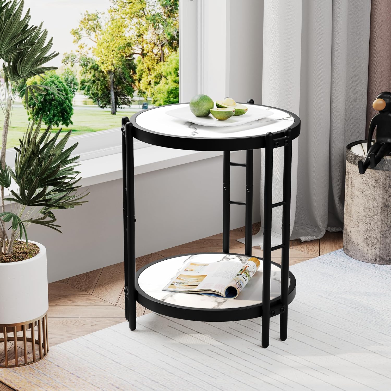 Alunaune Industrial End Table, 2-Tier Round Side Table, Small Modern Storage Shelf Metal Coffee Table Nightstand for Living Room Bedroom-White