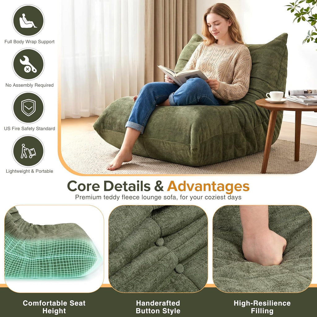 Bean Bag Chairs for Adults, Premium Fabric Foam Filled Lazy Sofa Lounge Chair, Ergonomic Floor Couch for Living Room Bedroom Gaming, No Assembly, Green