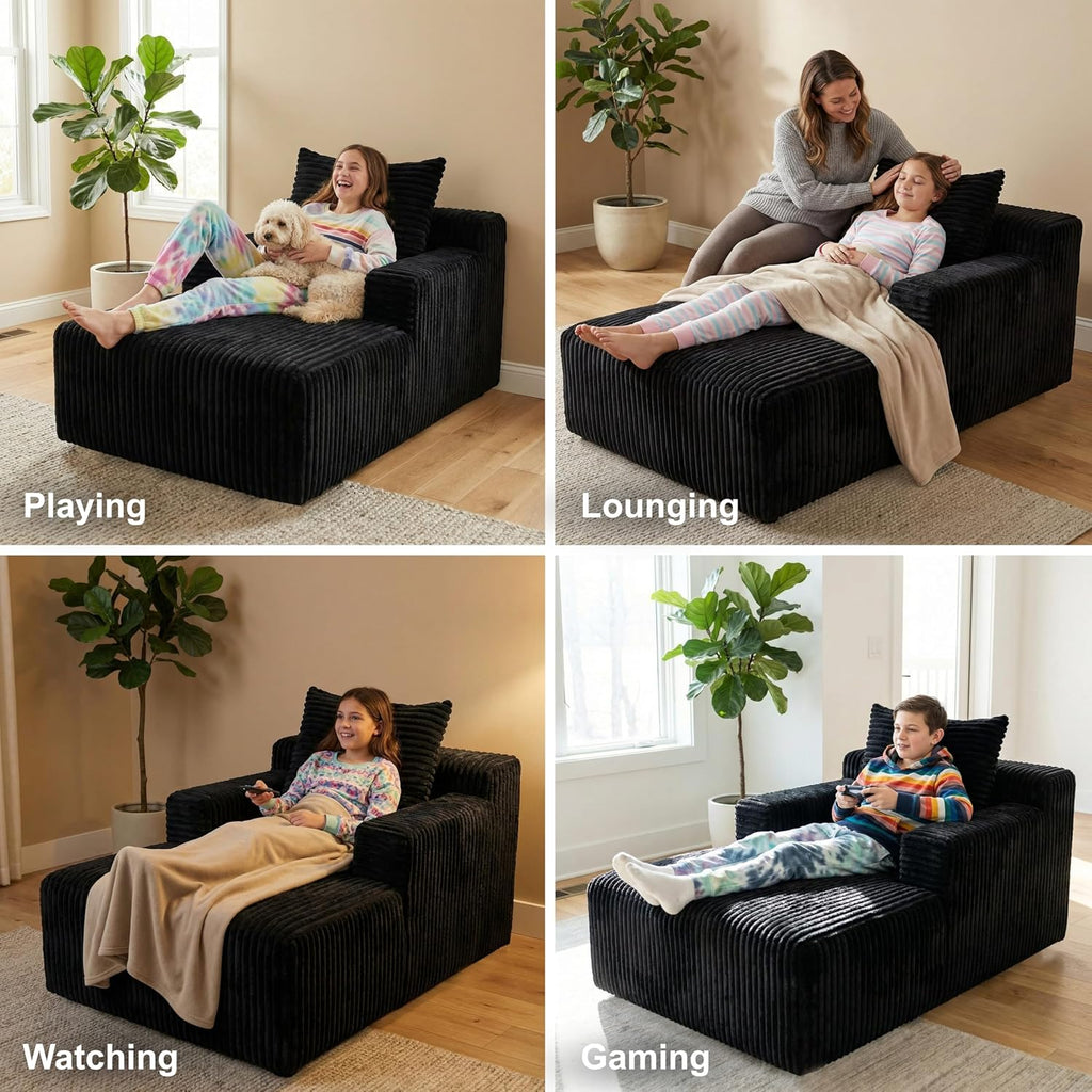Chaise Lounge Chair, Plush Velvet Corduroy Boneless Sofa Bed for Kids, Teens & Adults, Compact Deep Seat for Bedroom Playroom Dorm & Small Apartment, 33D Foam, Anti-Skid, Black
