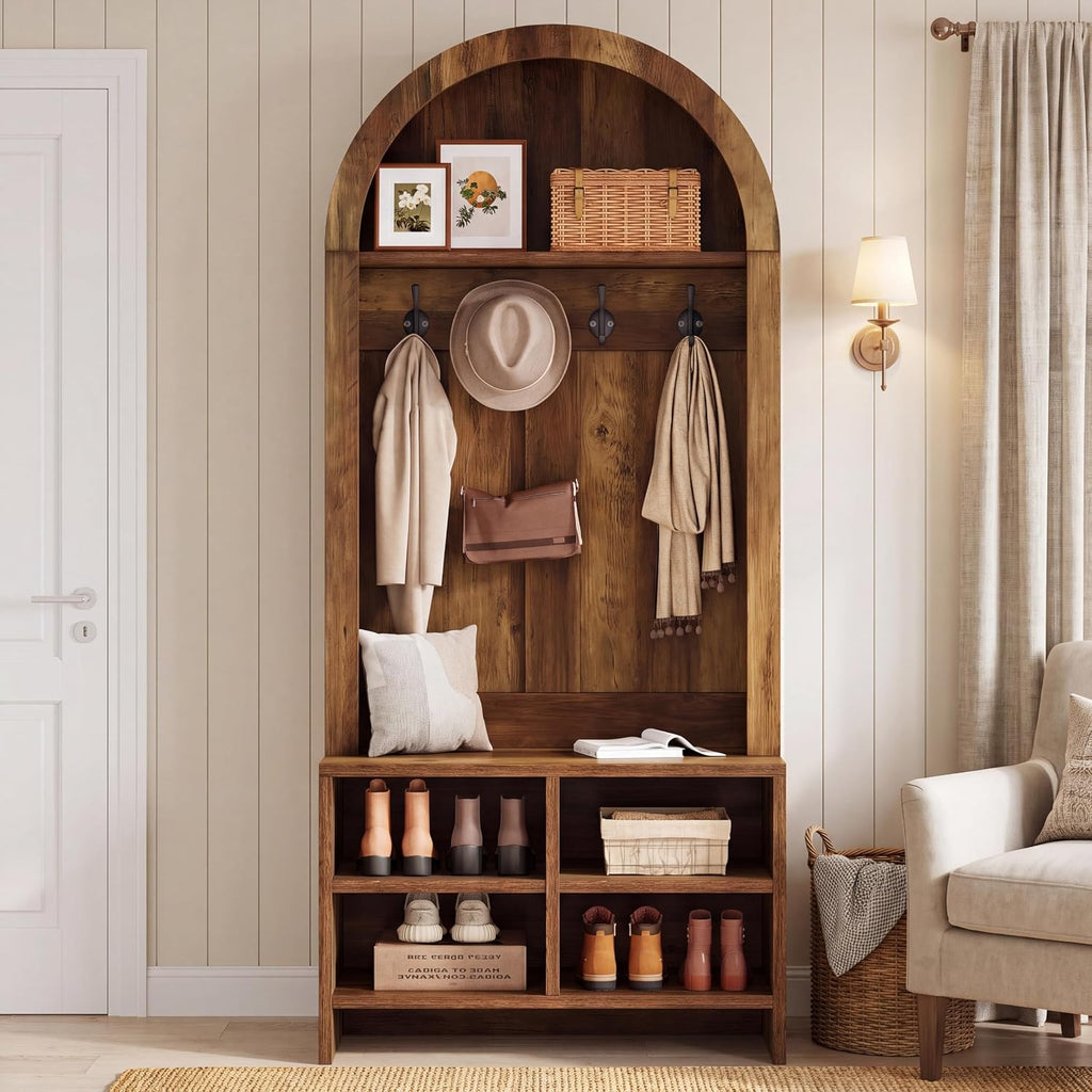 Tribesigns 70.8" Arched Coat Rack, 4-in-1 Hall Tree with Bench and Shoe Storage, Freestanding Coat Tree Rack with 4 Hooks & Adjustable Cubbies, for Mudroom, Entryway, Bedroom, Rustic Brown