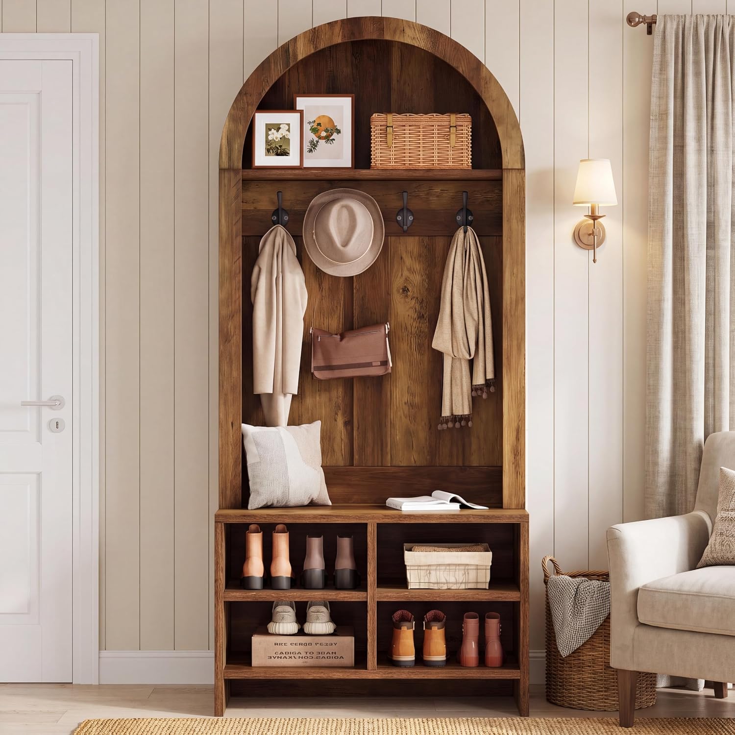 Tribesigns 70.8" Arched Coat Rack, 4-in-1 Hall Tree with Bench and Shoe Storage, Freestanding Coat Tree Rack with 4 Hooks & Adjustable Cubbies, for Mudroom, Entryway, Bedroom, Rustic Brown