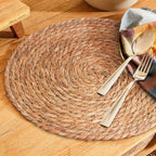 Alijoy 13 Inch Round Woven Placemats Set of 10 with Pearl Napkin Rings - Rattan Chargers for Dinner Plates, Natural Water Hyacinth Wicker Placemats, Rustic Placemat Boho Farmhouse Dining Table Deco