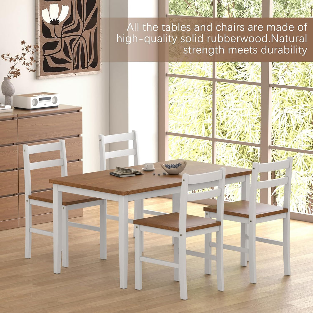 5 Piece Dining Table Set, Solid Wood Dining Table Set for 4, Farmhouse Table and 4 Chairs Set, 43.3'' Rectangular Kitchen Table Set for 4, Walnut & White
