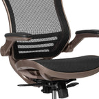 EMMA + OLIVER Mid-Back Transparent Black Mesh Drafting Chair with Gold Frame and Flip-Up Arms