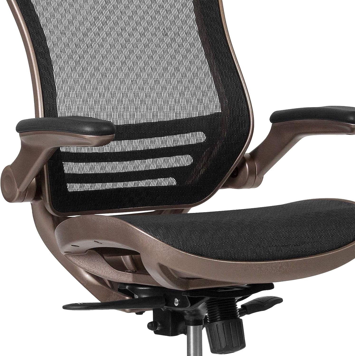 EMMA + OLIVER Mid-Back Transparent Black Mesh Drafting Chair with Gold Frame and Flip-Up Arms