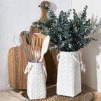Vaseking Elegant White Petite Vase, 7 inch Ceramic Modern Minimalism Geometric Texture Purse Vase with Hanging Rope, Creative Tote Bag Vases for Home Decor, Living Room, Wedding, Bookshelf Decor