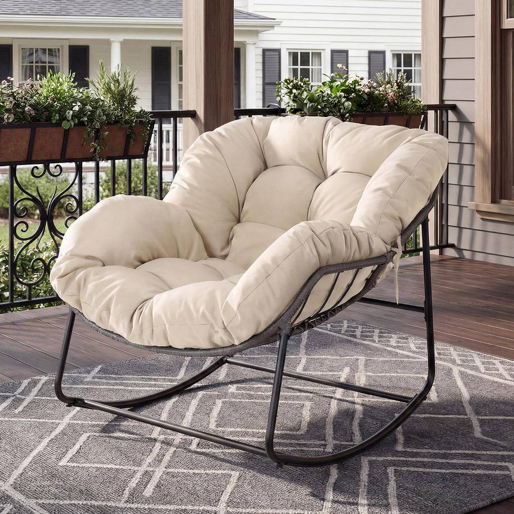 Bifanuo Oversized Egg Rocking Chair for Indoor/Outdoor – All-Weather Wicker Rattan Lounge Chair with Cushion, Patio Rocker for Porch, Garden, or Balcony (Classic Beige)