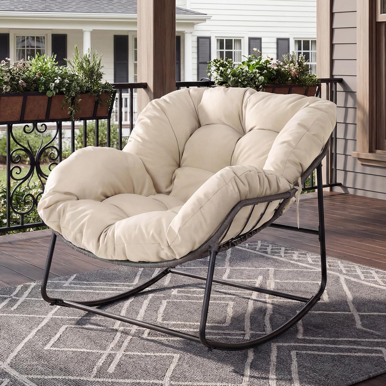 Bifanuo Oversized Egg Rocking Chair for Indoor/Outdoor – All-Weather Wicker Rattan Lounge Chair with Cushion, Patio Rocker for Porch, Garden, or Balcony (Classic Beige)