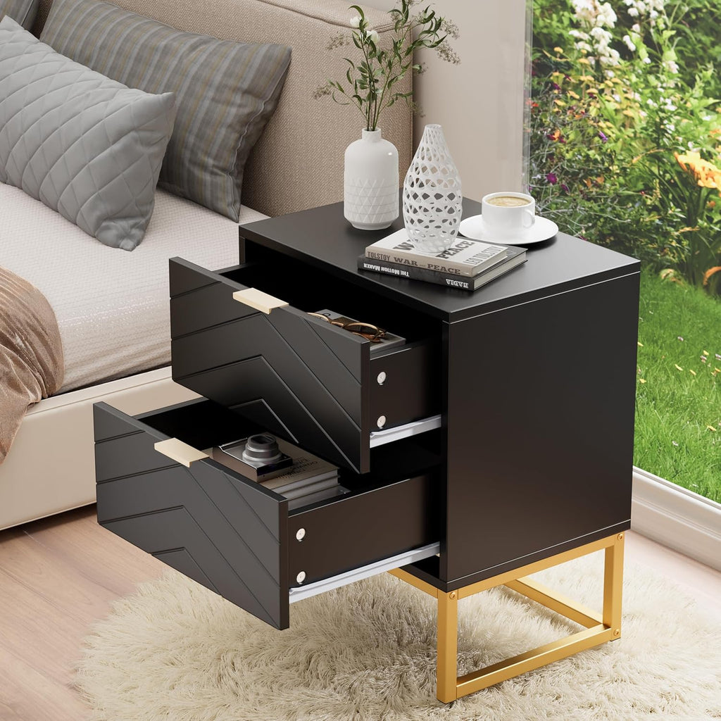 Black Nightstands Set of 2 Modern Night Stand Set 2 with 2 Drawers for Bedroom Bedside Night Tables with Gold Handles Side End Table with Gold Matel Legs