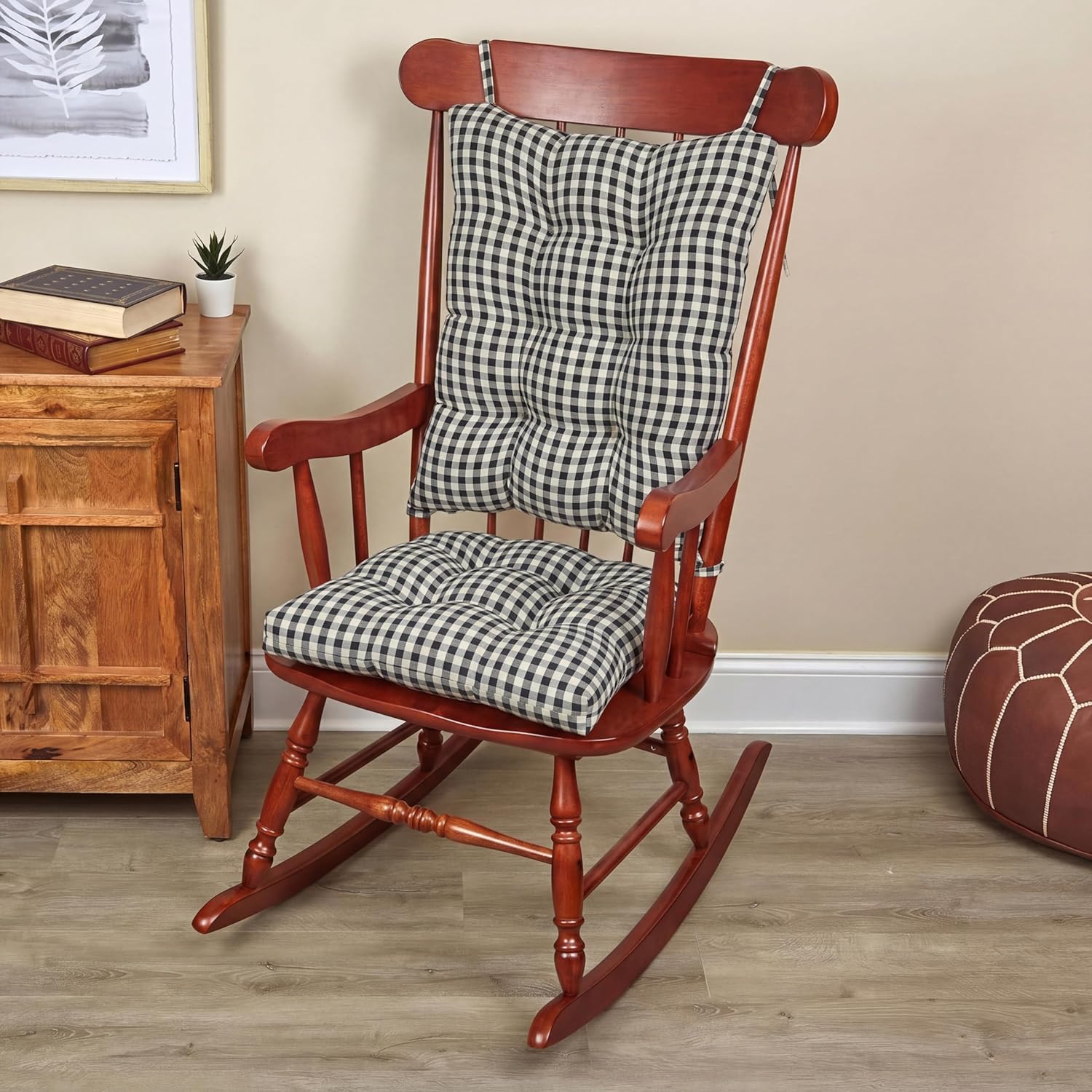 Klear Vu The Gripper Non-Slip Rocking Chair Cushion Set with Thick Padding, Includes Seat Pad & Back Pillow with Ties for Indoor Living Room Rocker, 17x17 Inches, 2 Piece Set, Gingham Black