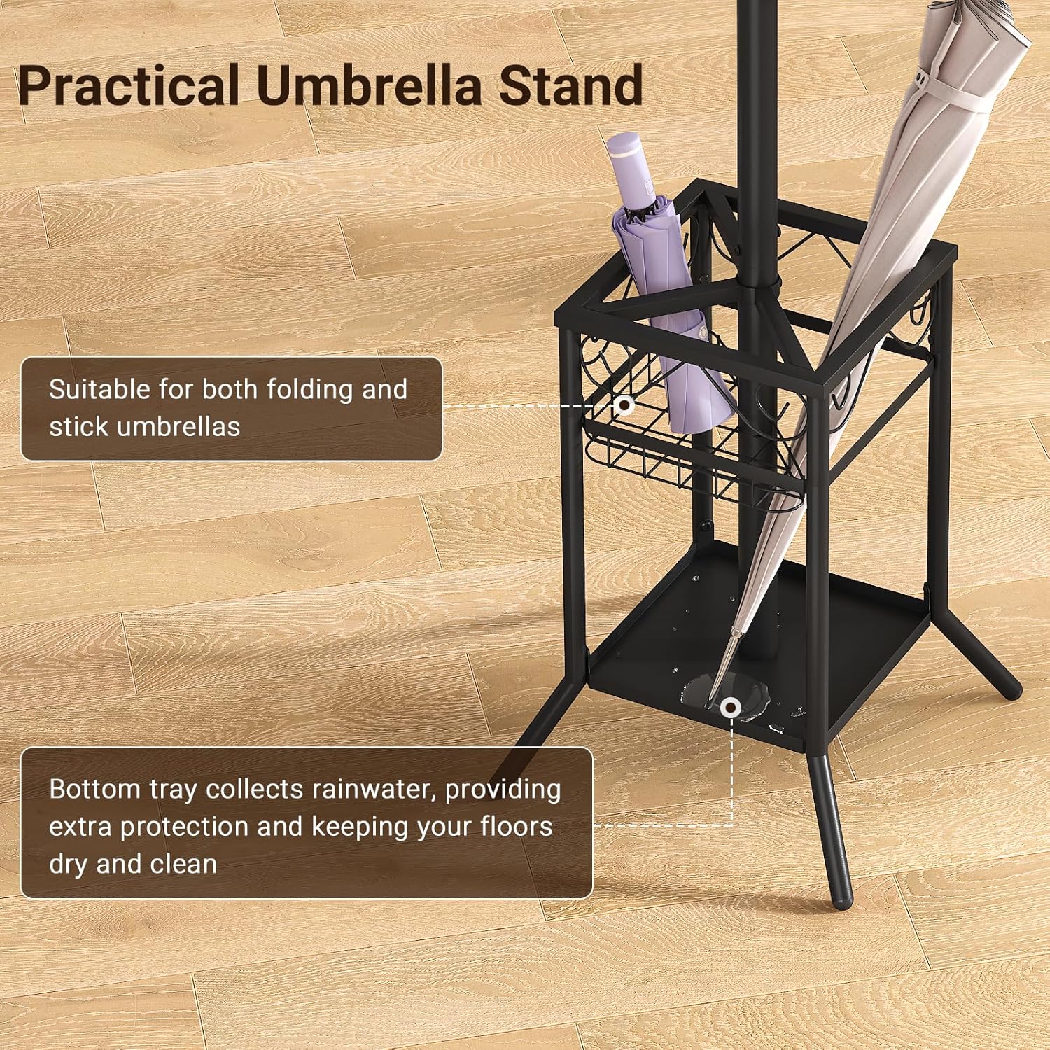 ELYKEN Coat Rack Freestanding, Metal Coat Rack with Umbrella Holder | 12 Hooks, Square Base, Heavy Duty Floor Standing Coat Tree for Entryway, Hallway, Living Room, Bedroom, Office, Black