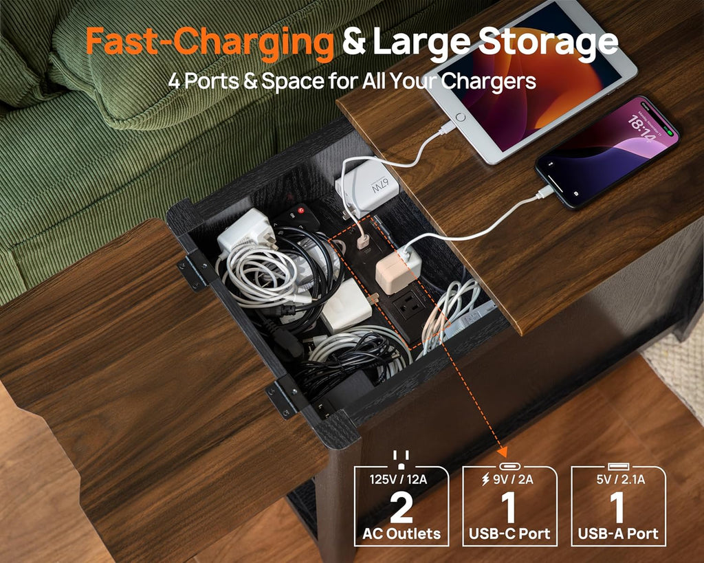 Farmhouse End Table with Charging Station, USB-C, Narrow Side Table with Storage Cabinet and Deep Drawer, Small Nightstand with Hidden USB Ports and Outlets for Living Room, Bedroom, Office,Black