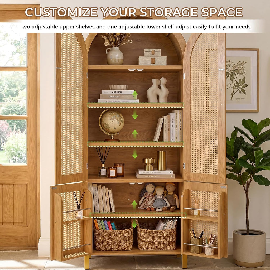 71" Tall Arched Pantry Cabinet with 4 Rattan Doors, 6-Tier Adjustable Shelves, 4 Built-in Door Racks, Rattan Storage Cabinet for Kitchen Dining Room, Soft-Close & Anti-tip Design, Oak