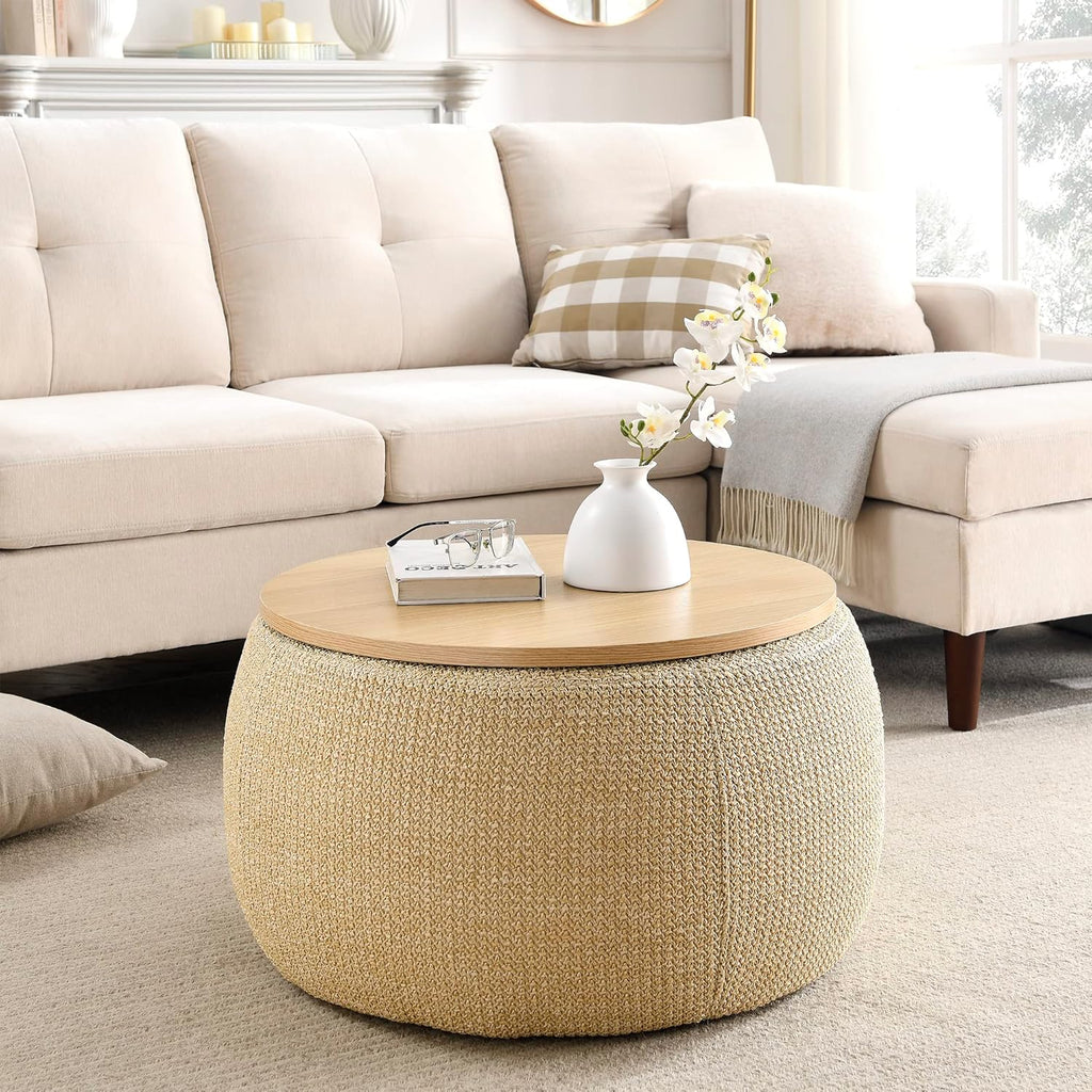 Modern Round Storage Ottoman with Wooden Top,Handmade Luxury Pleated Circle Fabric Storage Ottoman Coffee Table,End Table & Footstool for Living Room（Natural）