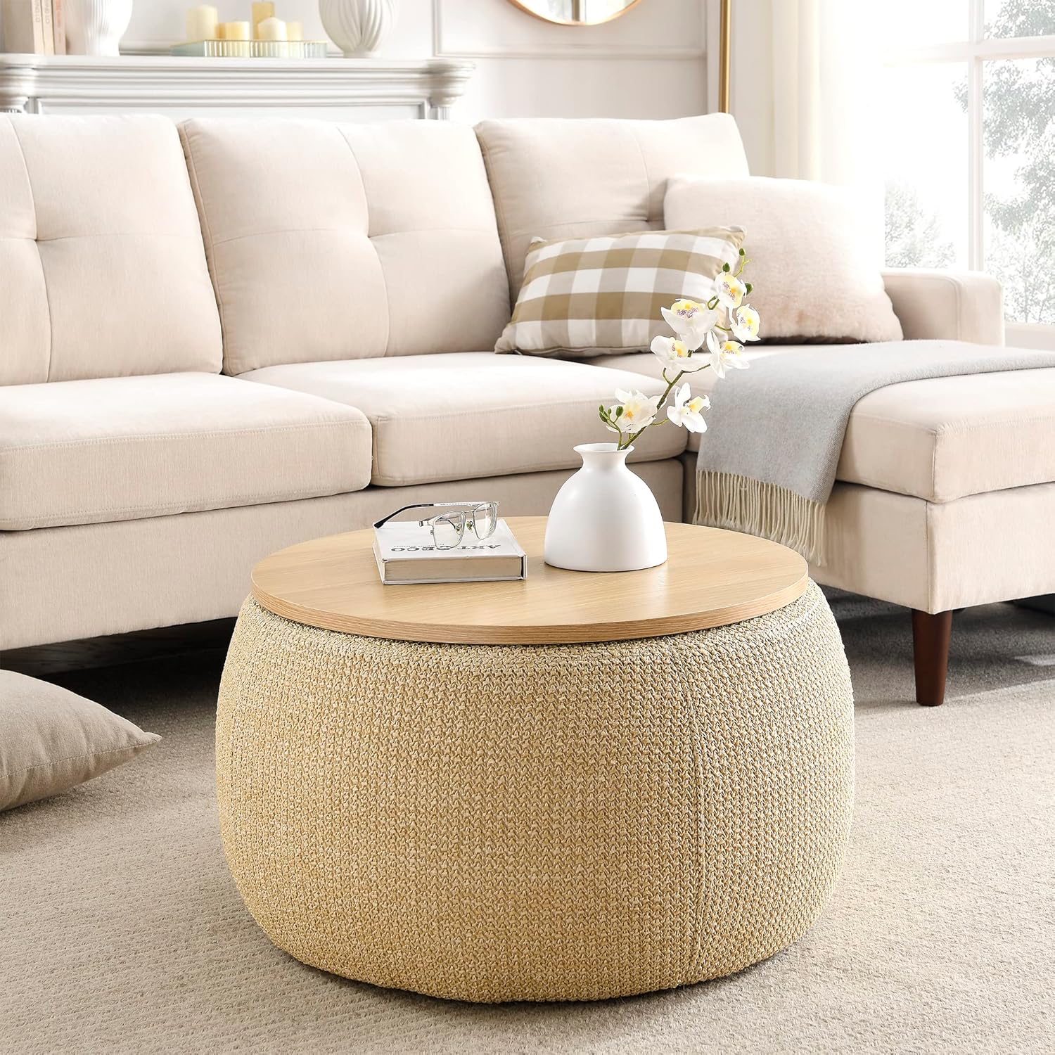 Modern Round Storage Ottoman with Wooden Top,Handmade Luxury Pleated Circle Fabric Storage Ottoman Coffee Table,End Table & Footstool for Living Room（Natural）