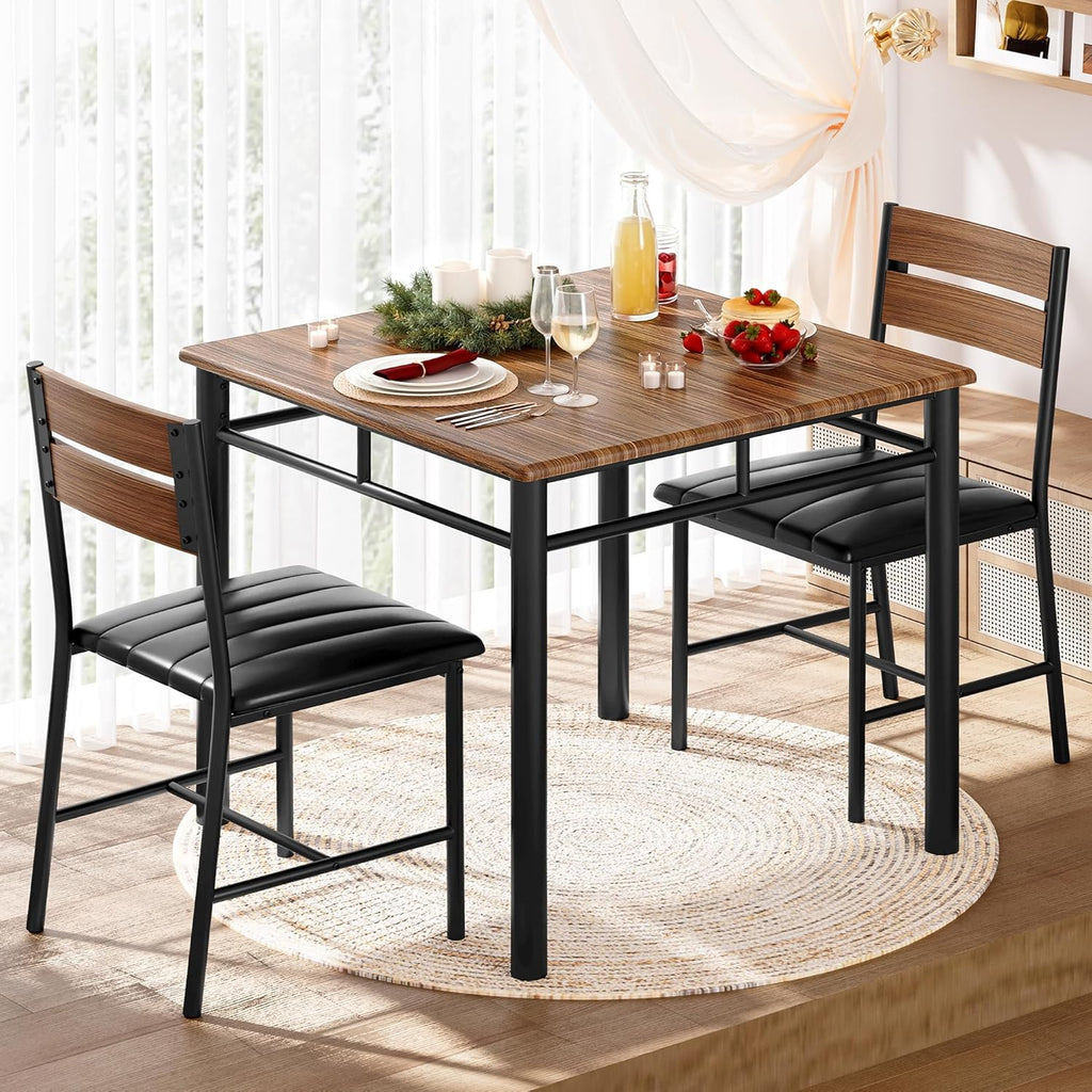 IRONCK Dining Table Set for 2, Small Kitchen Table with Upholstered Chairs for Kitchen & Dining Room, Compact Dining Set for Small Spaces, Walnut