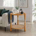 Harbor Oak 20" Round Oak Wood End Table with Seagrass Accents and Shelf Storage | Coastal Boho Side Table. Natural Oak Finish.