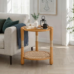 Harbor Oak 20" Round Oak Wood End Table with Seagrass Accents and Shelf Storage | Coastal Boho Side Table. Natural Oak Finish.
