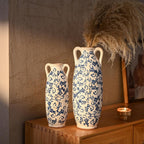 VICTOR & TERESA Blue and White Floor Vase for Pampas Grass, 11'' Tall Vase for Home Decor, Ceramic Farmhouse Decorative Large Vases for Flower, Mantel, Living Room, Shelf, Centerpieces, Gift for Mom