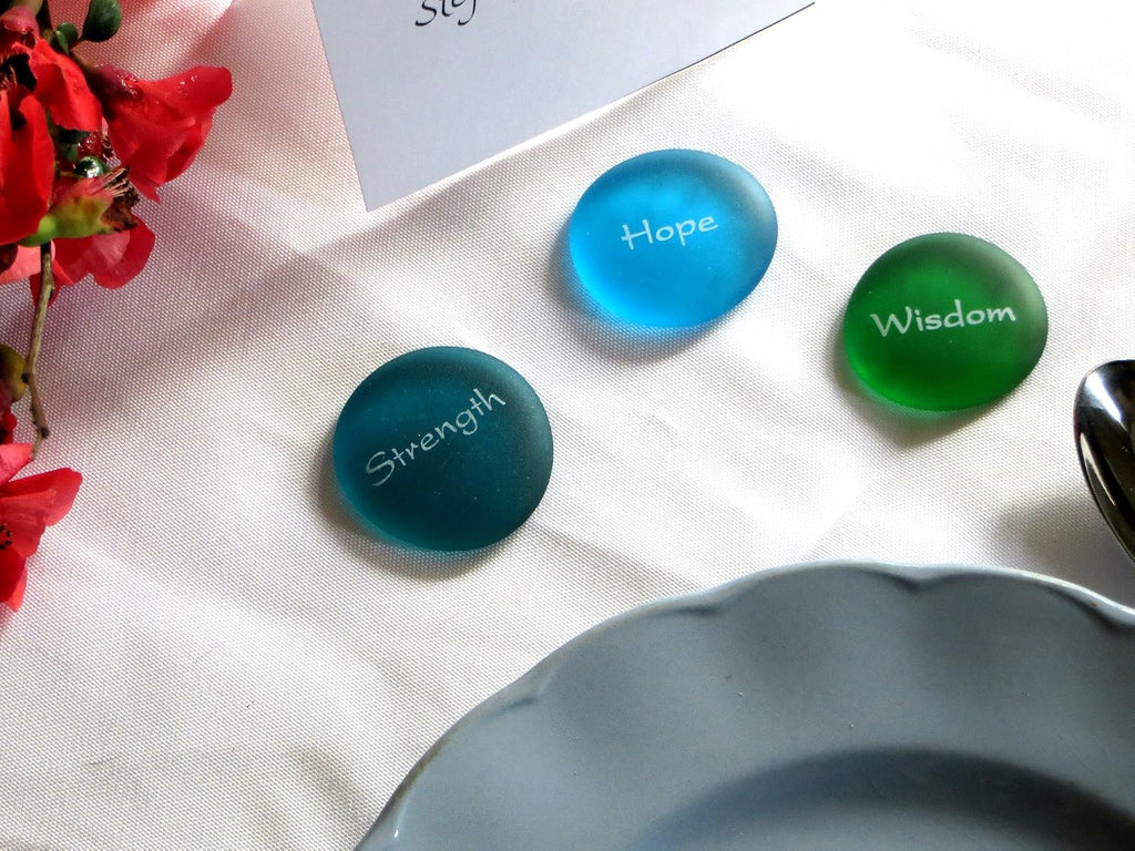 The Mermaid's Message I, Frosted Sea Glass Stones, Six Inspiring Words in Beach Colors, by Lifeforce Glass.