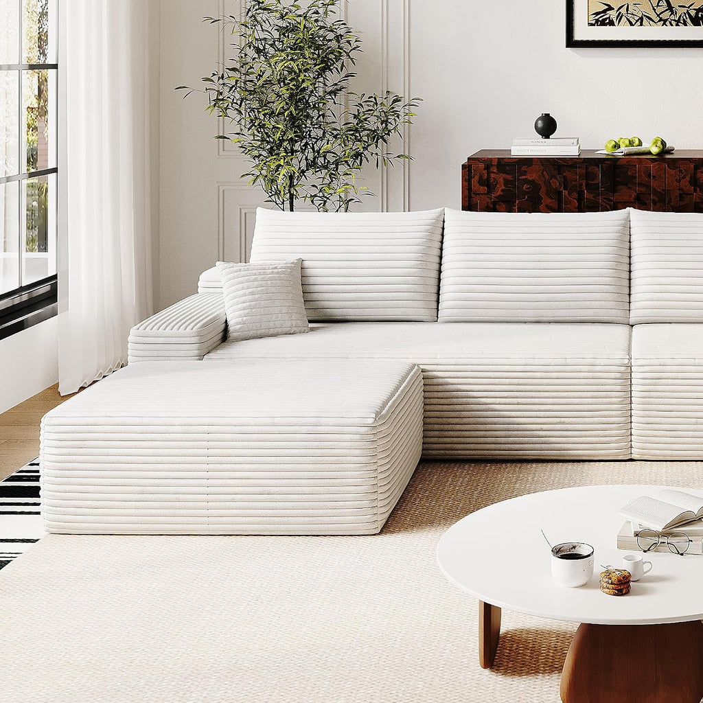 37.4" Plush Corduroy Ottoman, Upholstered Cloud Ottoman for Boneless Couch in a Box, Modular Sectional Couches for Living Room, Compressed Memory Foam, No Assembly Require, White