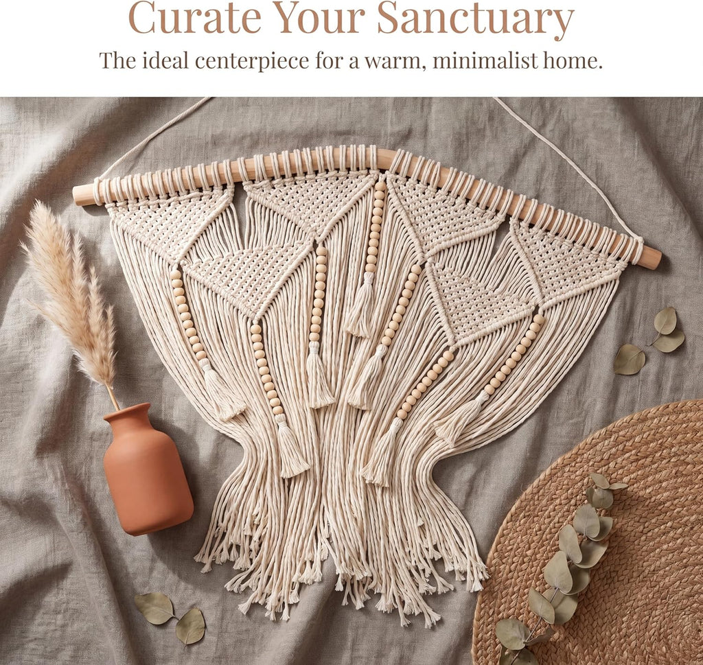 Large Macrame Wall Hanging (43" x 39.5"), Boho Woven Tapestry with Wood Beads & Tassels, Handmade Cotton Wall Art Decor for Bedroom, Living Room, Apartment, Bohemian Home Decor, 1 PCS (White)