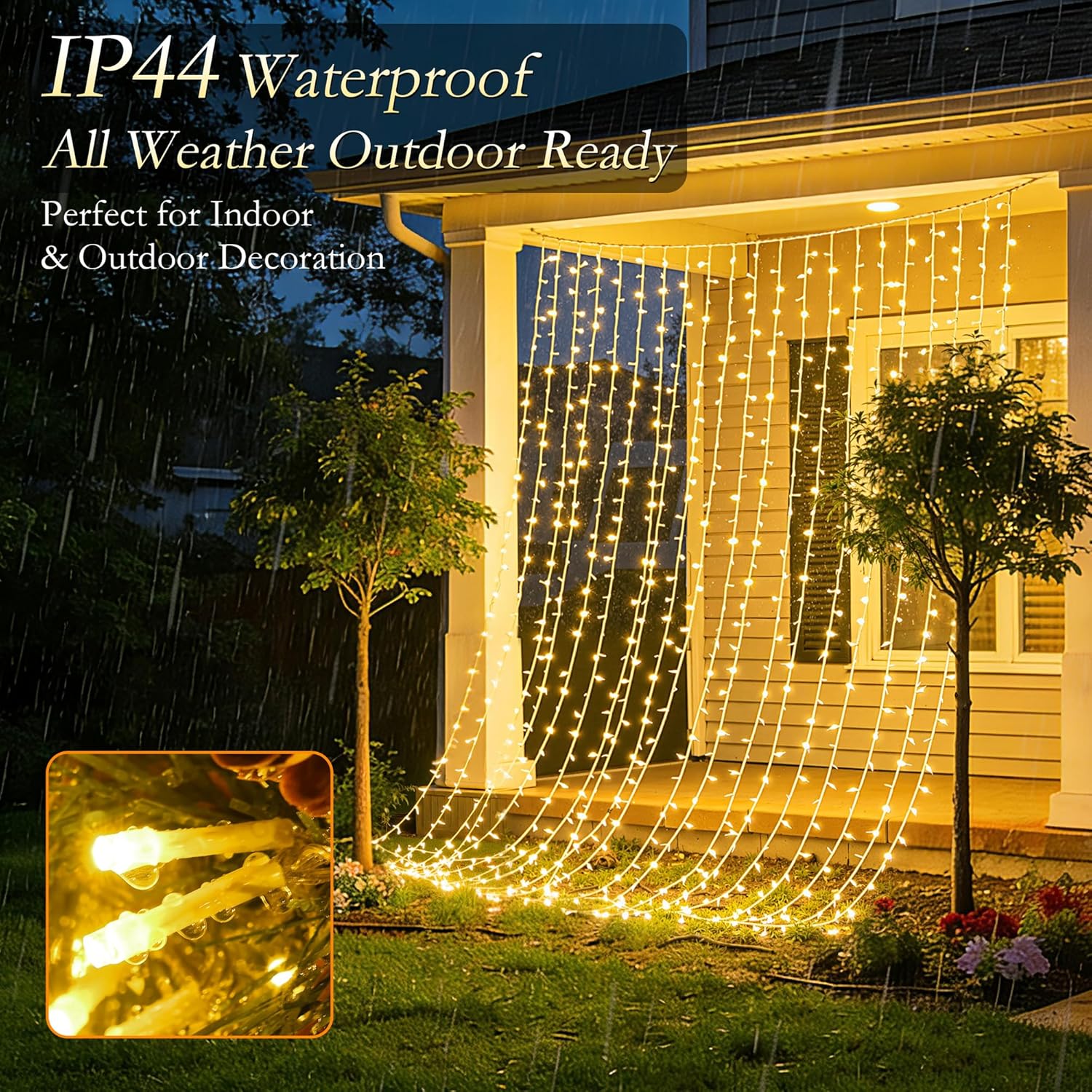 Curtain String Lights Indoor, 300LED 9.8 * 9.8FT USB Plug-in Window Curtain Lights with Timer and 8 Modes, Waterproof Warm White Curtain Fairy Lights for Bedroom Room Wedding Outdoor Decor