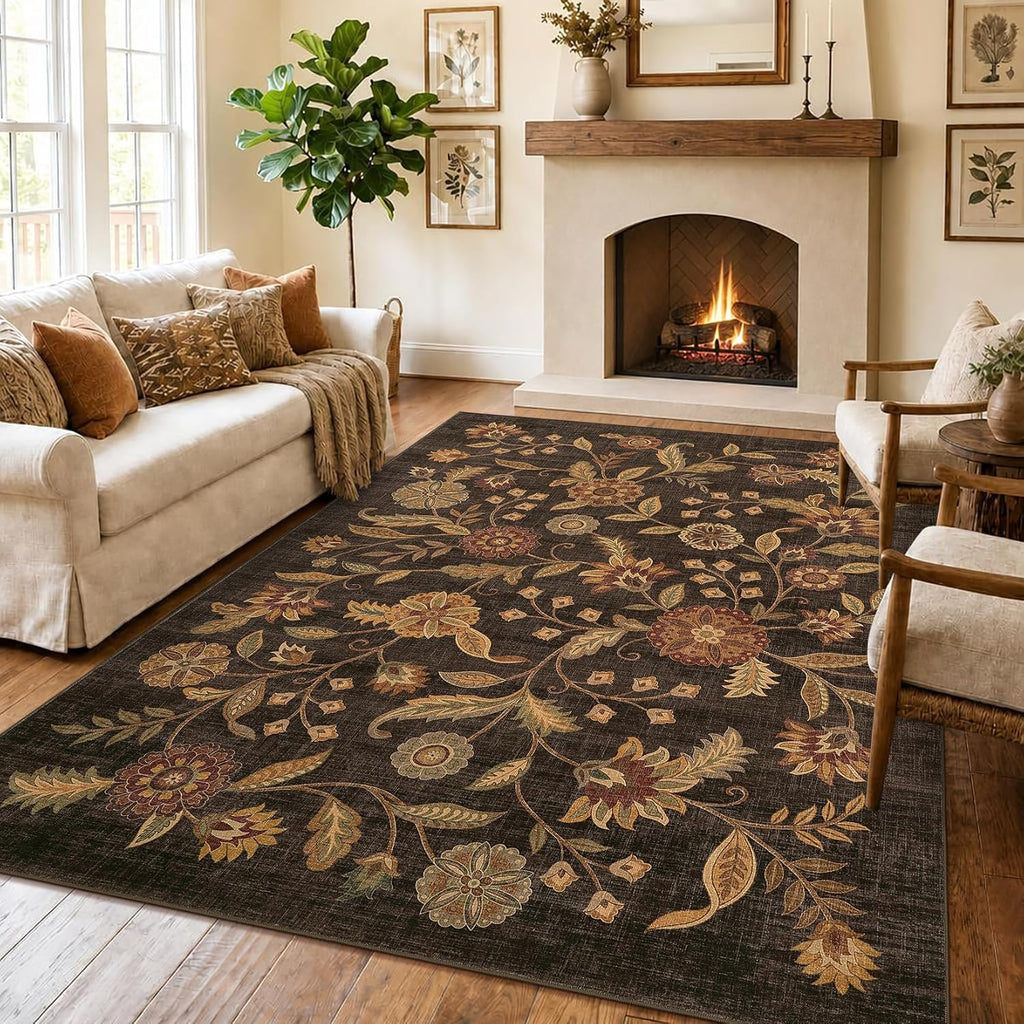 Garvee Washable 5x7 Area Rugs Boho Vintage Floral Botanical Fall Soft Non-Slip Low-Pile Stain Resistant Throw Rugs for Bedroom Living Room Nursery Office Kitchen Room Decor Dark Brown