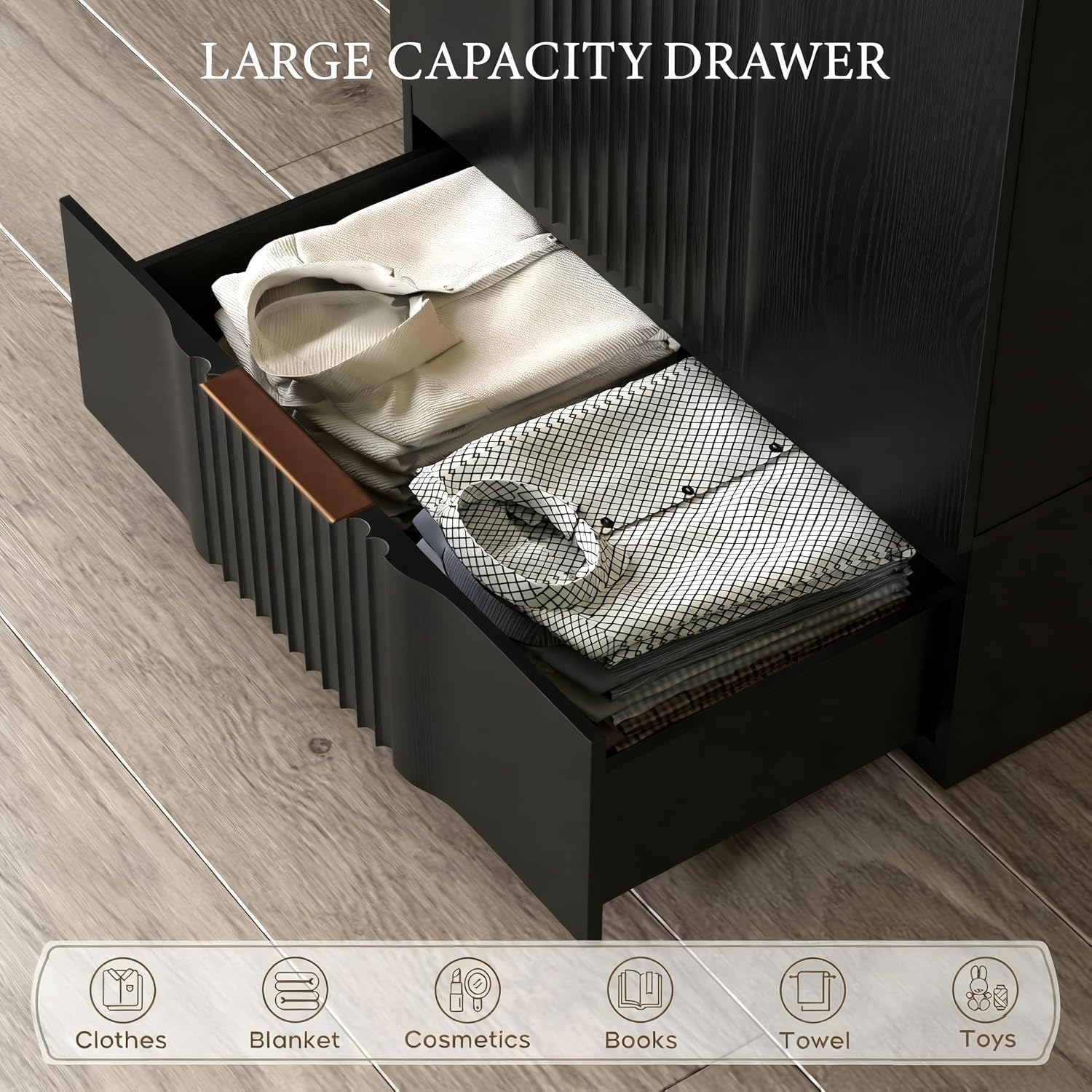 Brafab 67" Fluted Armoire Wardrobe Closet with Drawers, Black Cabinet | Removable Hanging Rods, Adjustable Shelves, Soft-Close Hinges, Large Capacity, Clothes Organizer for Bedroom, Cloak Room