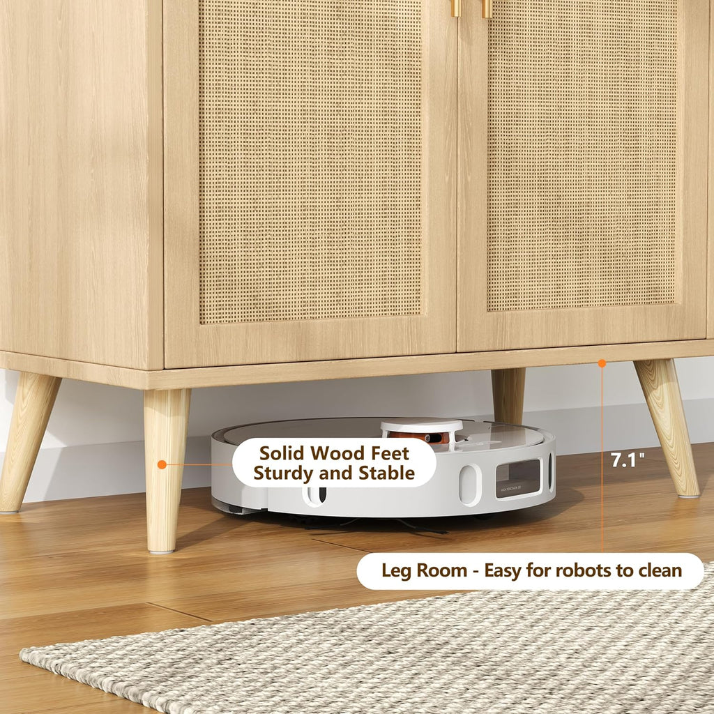 15.7"D Rattan Buffet Sideboard Cabinet with Storage, Modern Accent Cabinet with Adjustable Shelf & Solid Wood Legs, Coffee Bar Cabinet with Doors for Kitchen, Living Room, Entryway, Natural Oak