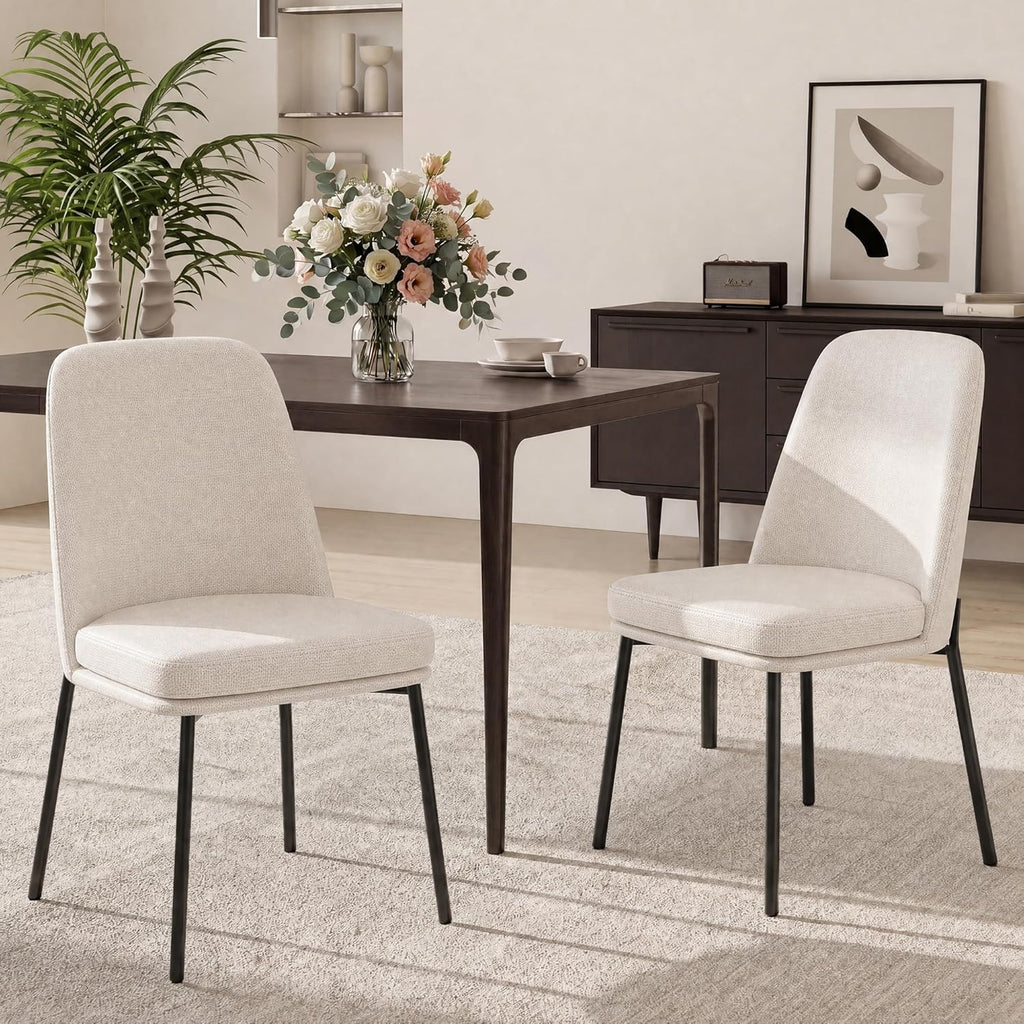 COLAMY Dining Chairs Set of 2, Modern Dining Chairs, Fabric Upholstered Dining Chairs, Kitchen Chairs with Curved Back and Metal Legs for Dining Room Kitchen Restaurant, Beige