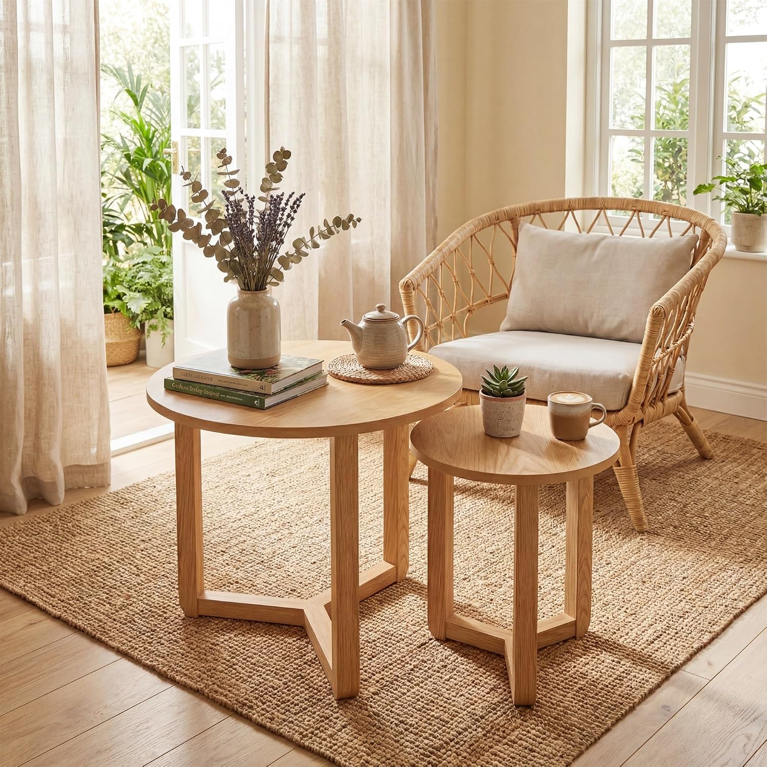 Tangkula Round Nesting Coffee Table Set of 2, Farmhouse End Tables with Solid Rubber Wood Tripod Legs, Compact Sofa Side Tables for Living Room Bedroom Small Spaces (Natural)