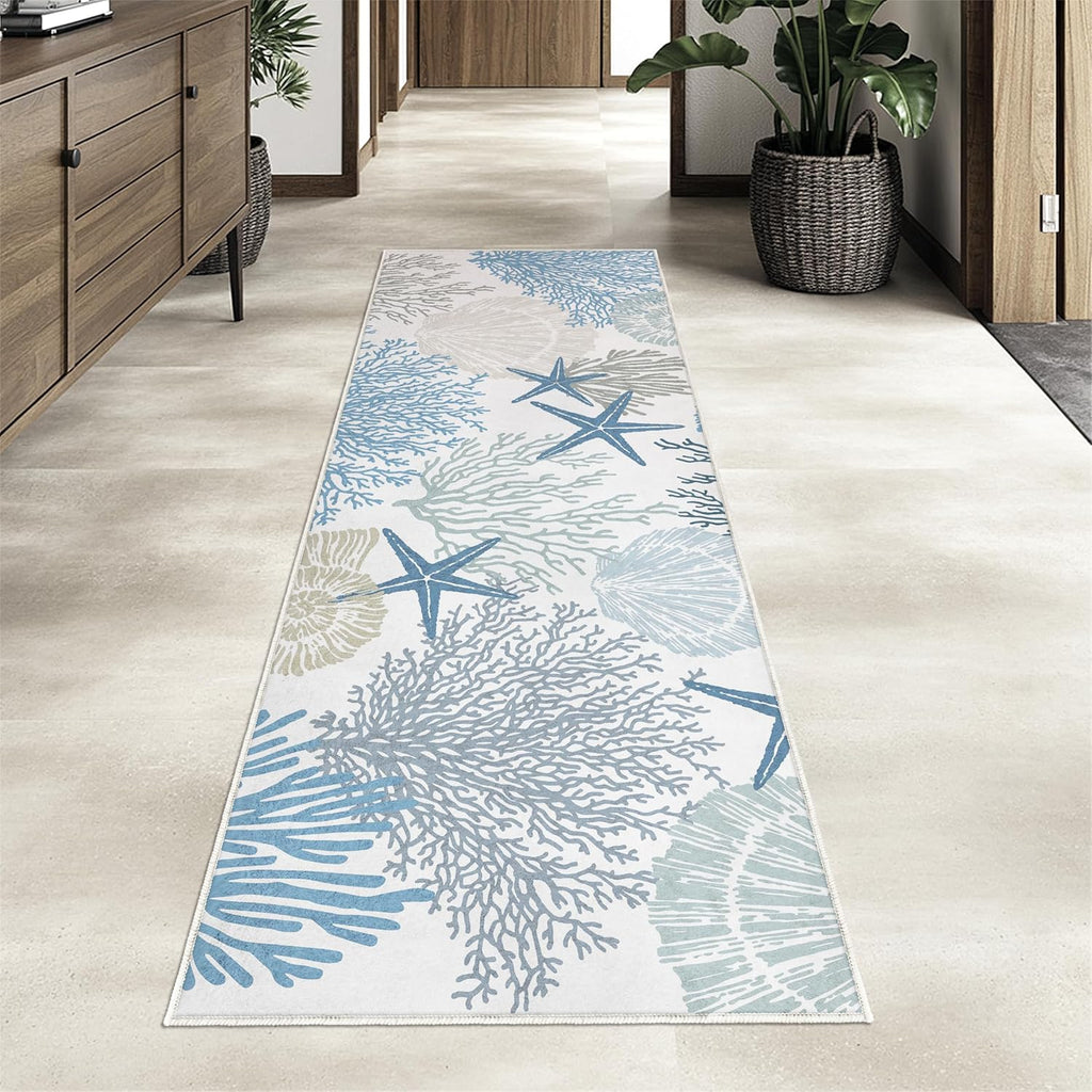 Coastal Runner Rug 2x6 for Hallway Blue Nautical Beach Decor Kitchen Throw Carpet Ultra Thin Non Slip Washable Fur Area Rug Mat for Entryway Laundry Bedroom Living Room (Blue, 24×72in)