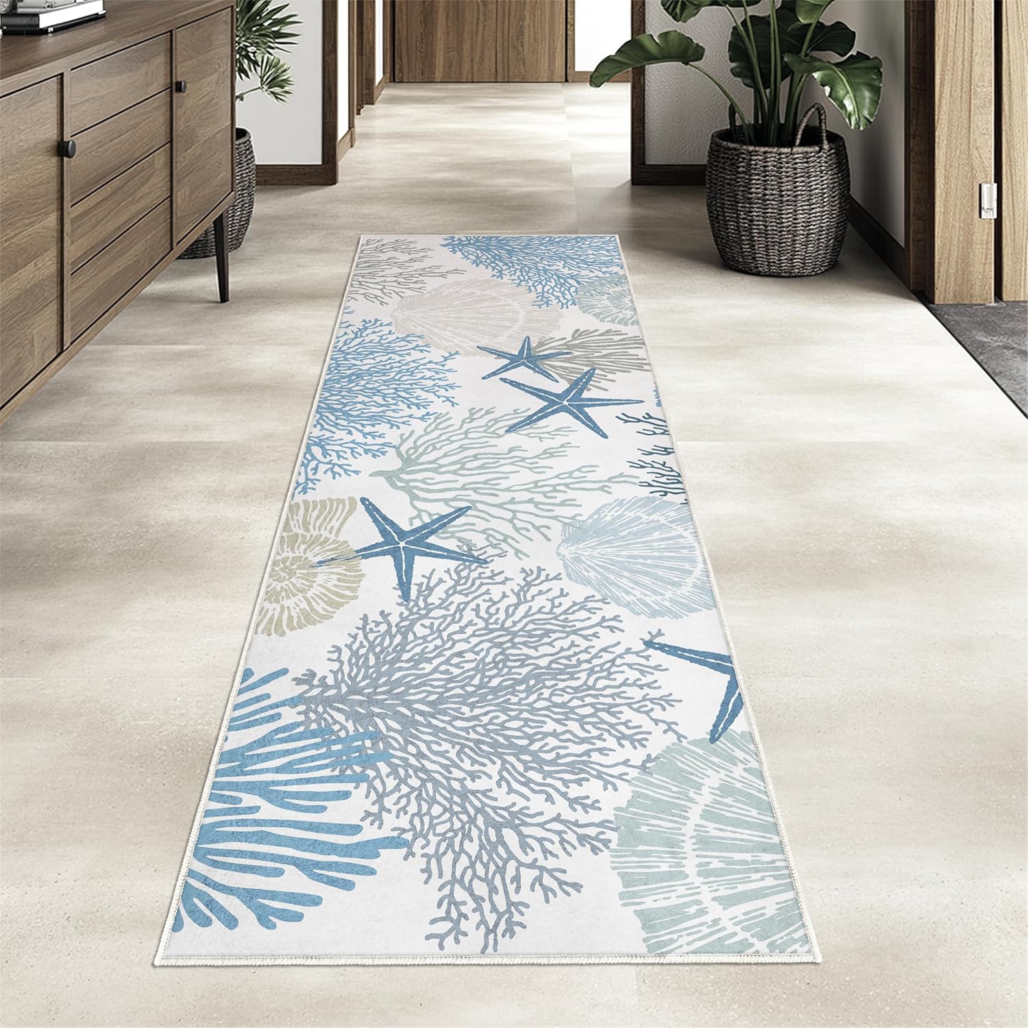 Coastal Runner Rug 2x6 for Hallway Blue Nautical Beach Decor Kitchen Throw Carpet Ultra Thin Non Slip Washable Fur Area Rug Mat for Entryway Laundry Bedroom Living Room (Blue, 24×72in)