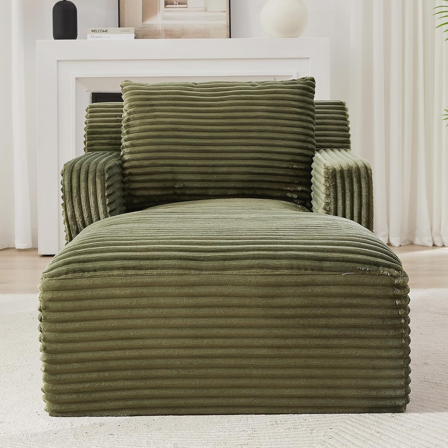 KEIKI 65.4" Indoor Single Chaise Sofa, Oversized Corduroy Lounge Chair for Bedroom & Reading Corner, No Assembly Comfy Sleeper Lounger with High Density Foam & Pocket Spring for Apartment Studio