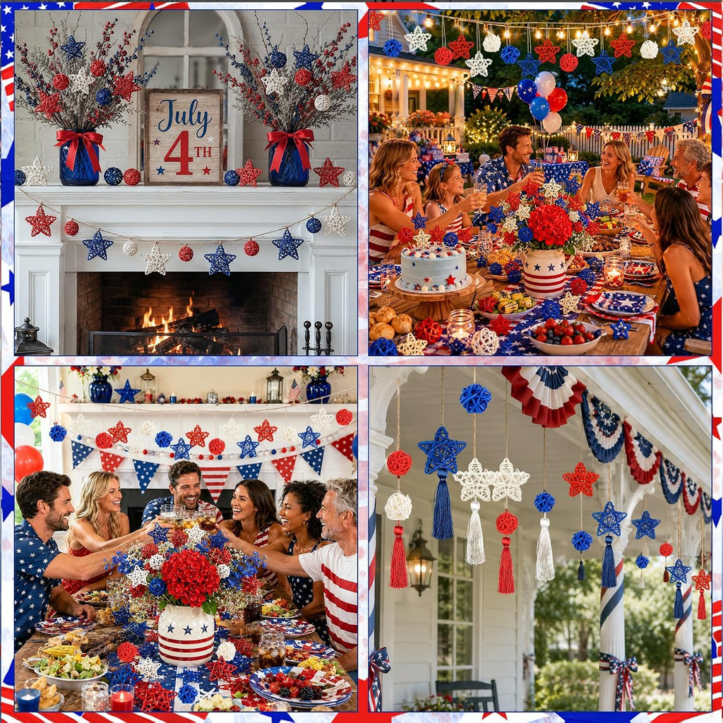 4th of July Star Rattan Balls 27Pcs Patriotic Wicker Stars Red Blue White Wicker Ball 4th of July Vase Filler for Independence Day Home Decor DIY Vase Bowl Filler Ornament Table Decors